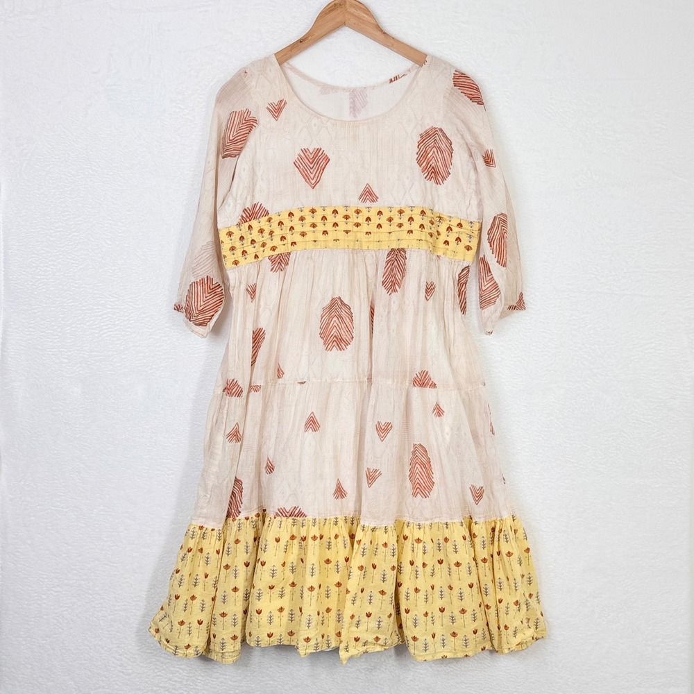 Boho Tiered Peasant Dress Cream Yellow Rust Geometric Floral 3/4 Sleeve‎ Lined